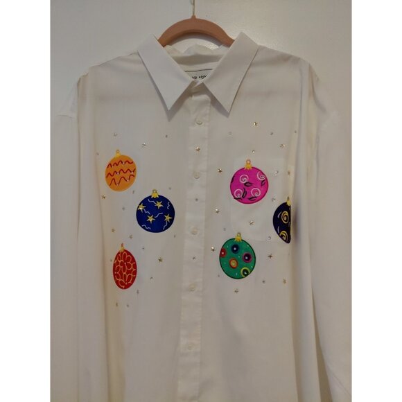 Embassy Fashions Women’s White Button Down Top Christmas Ornaments Applique 3X - Picture 2 of 7